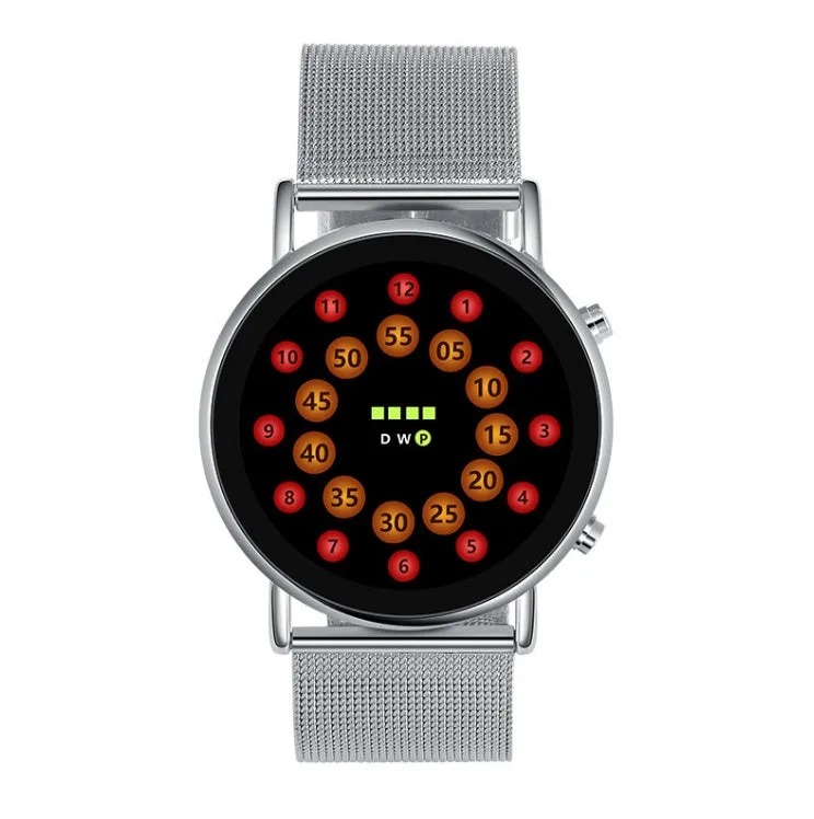 Black and silver alloy LED watch with blue lamp display on a steel mesh strap.