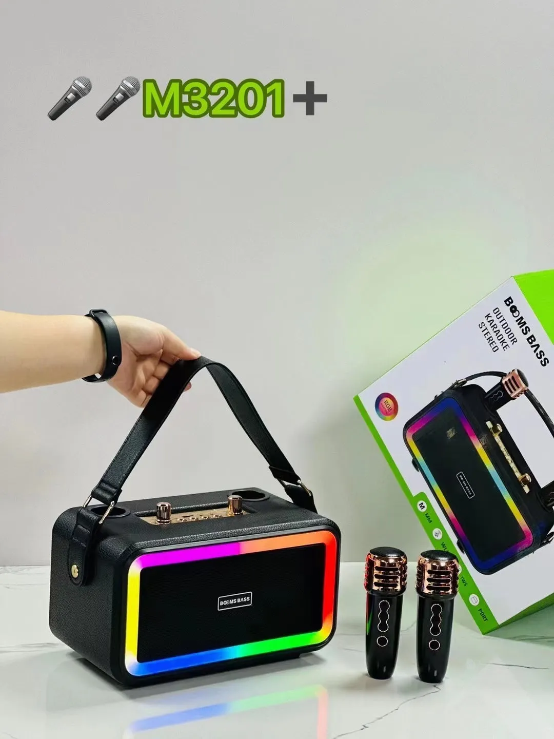 M3201 portable Bluetooth speaker in black, dark brown, or orange red with microphones and cables