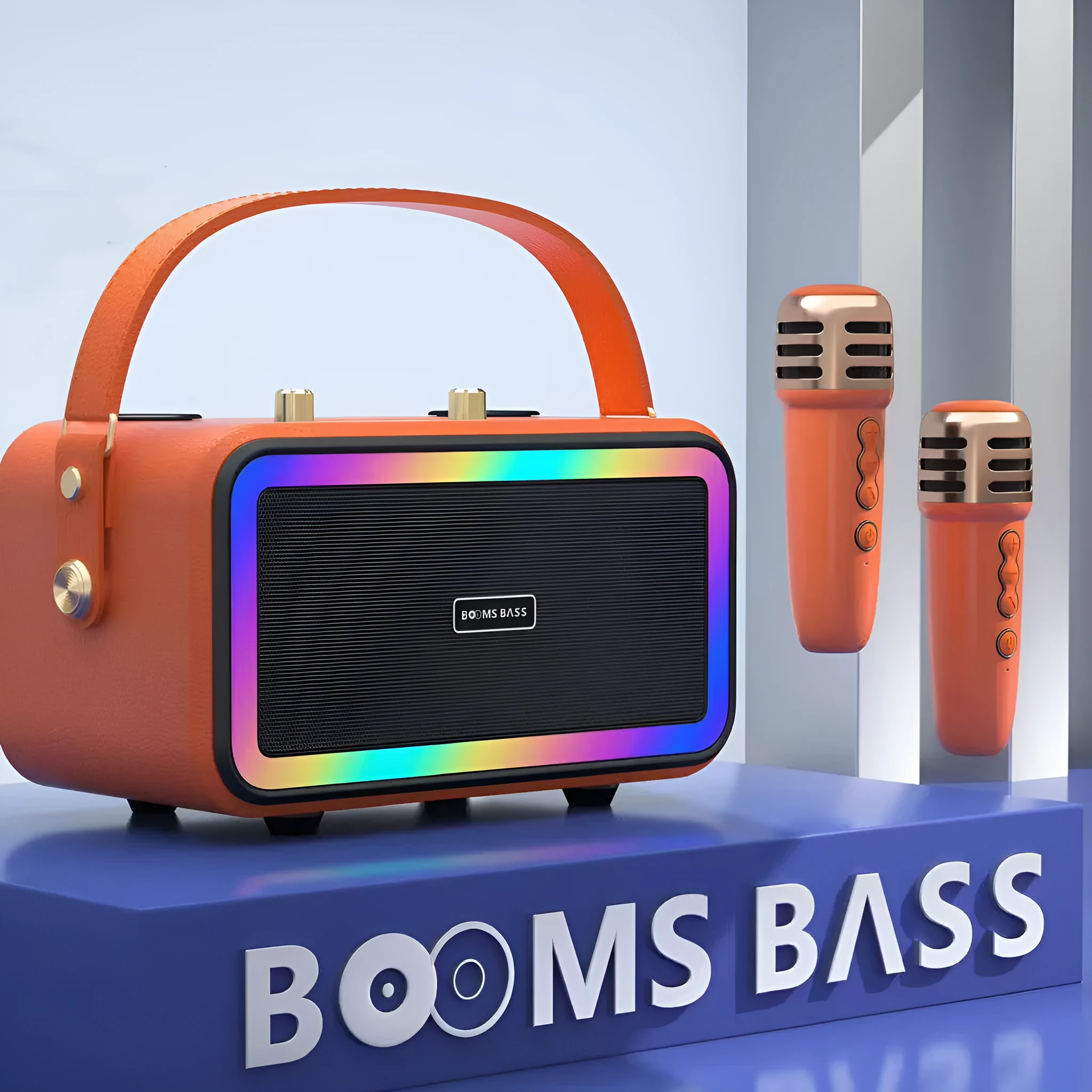 M3201 portable Bluetooth speaker in black, dark brown, or orange red with microphones and cables