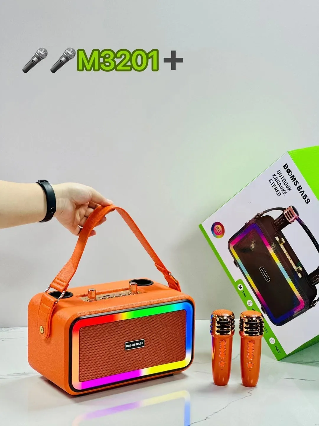 M3201 portable Bluetooth speaker in black, dark brown, or orange red with microphones and cables