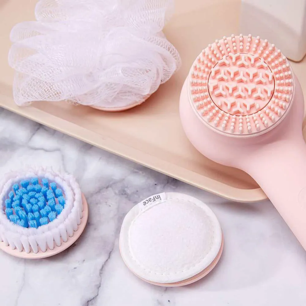 Grey electric shower brush with four rotating heads for back cleansing and massage