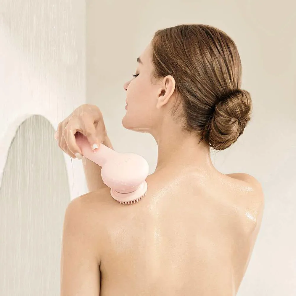 Grey electric shower brush with four rotating heads for back cleansing and massage