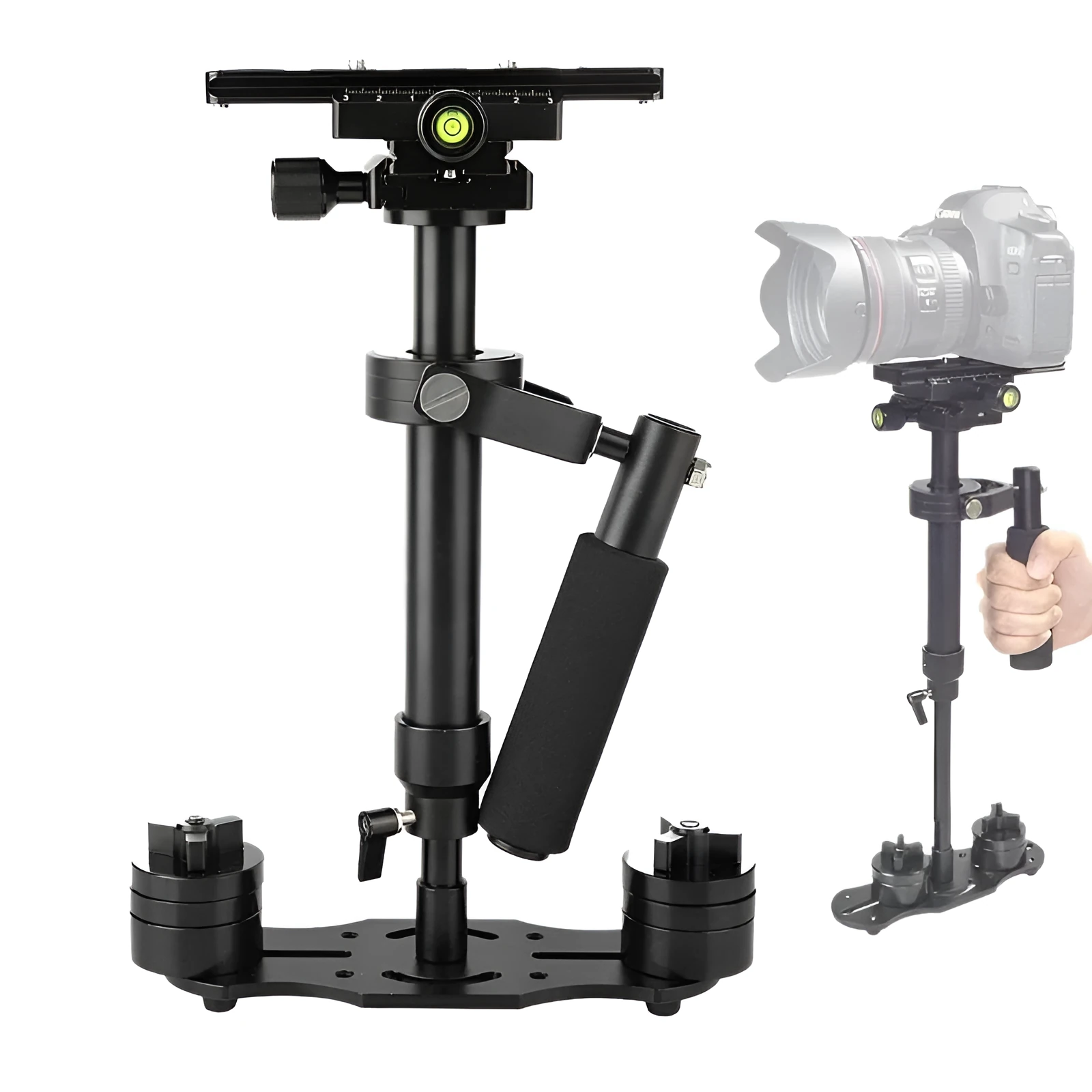 Black aluminum handheld camera stabilizer with adjustable height mechanism and grip handle
