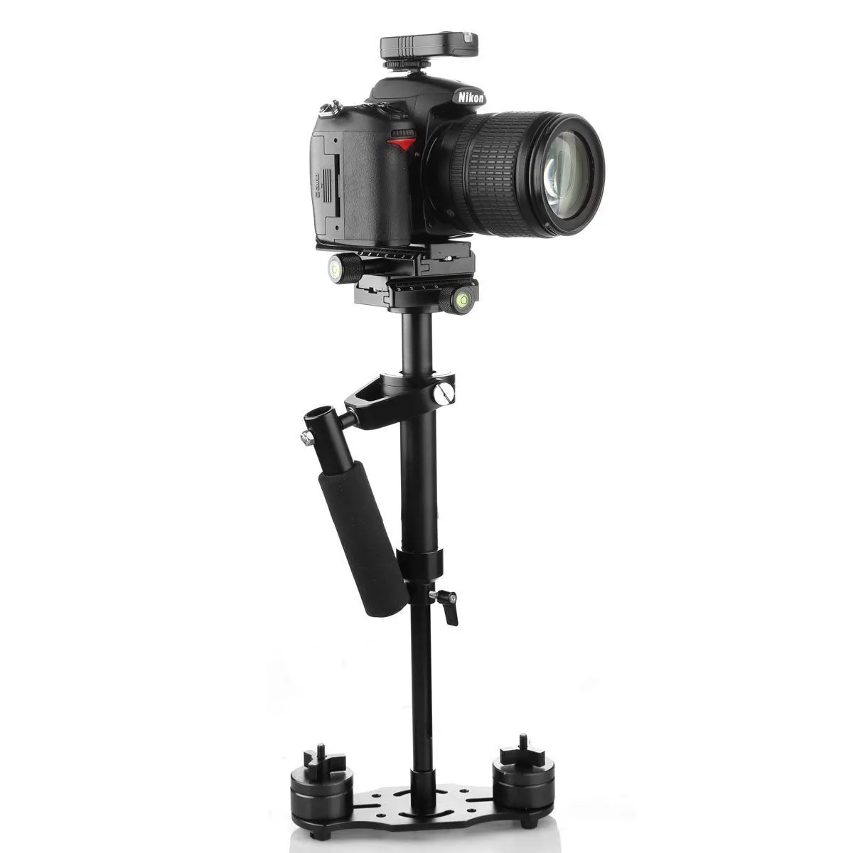 Black aluminum handheld camera stabilizer with adjustable height mechanism and grip handle