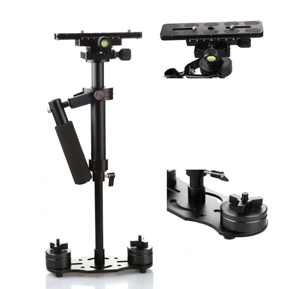 Black aluminum handheld camera stabilizer with adjustable height mechanism and grip handle
