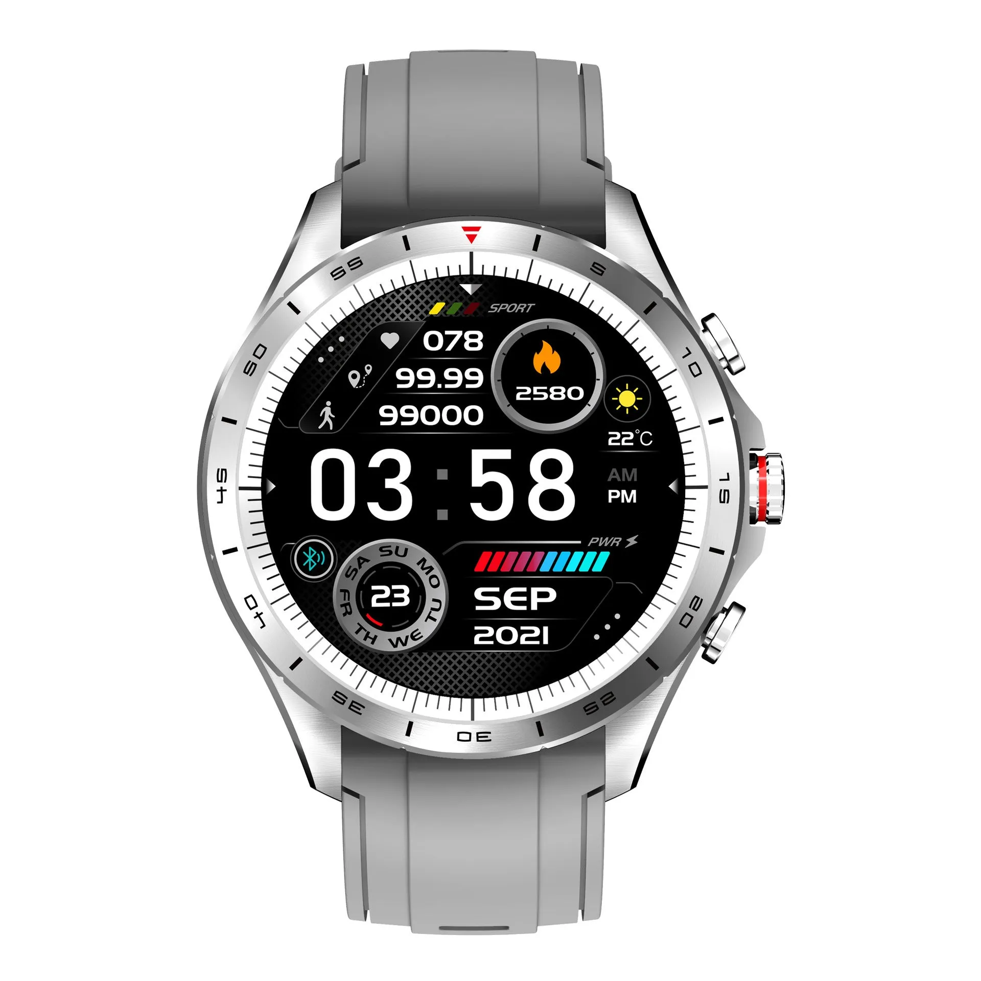 Men's smart bracelet watch with zinc alloy screen and silicone wristband in black, blue, or grey colours