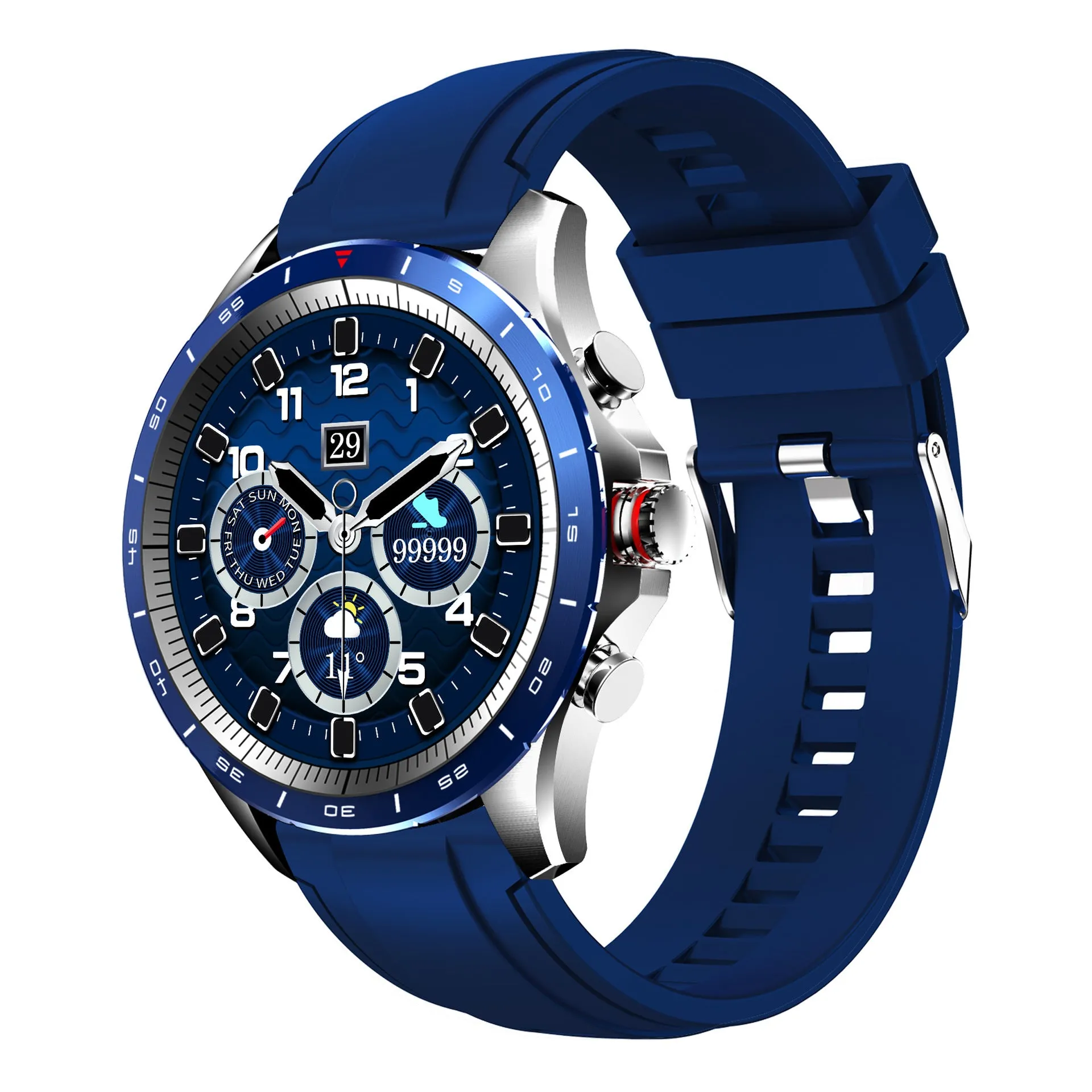 Men's smart bracelet watch with zinc alloy screen and silicone wristband in black, blue, or grey colours