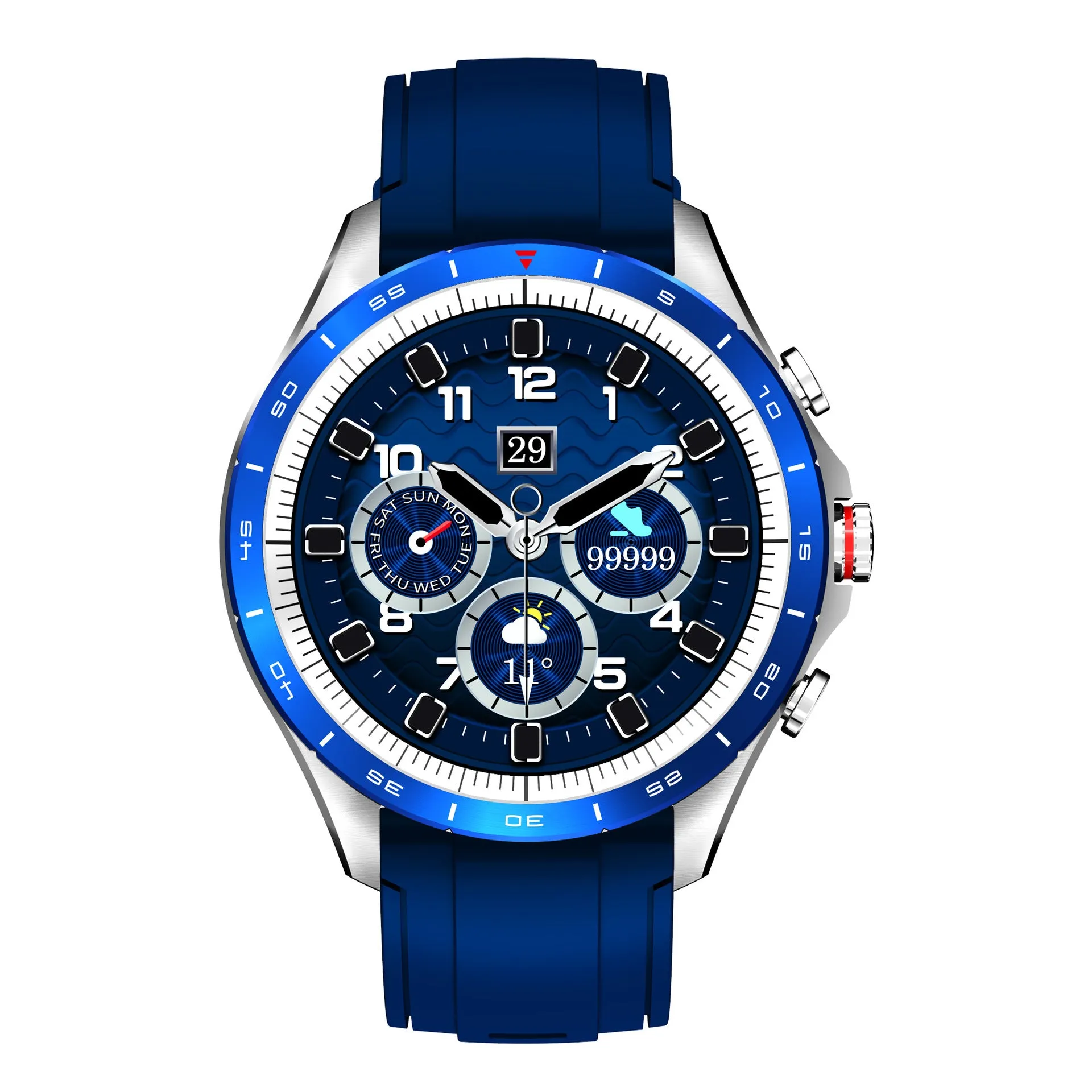 Men's smart bracelet watch with zinc alloy screen and silicone wristband in black, blue, or grey colours