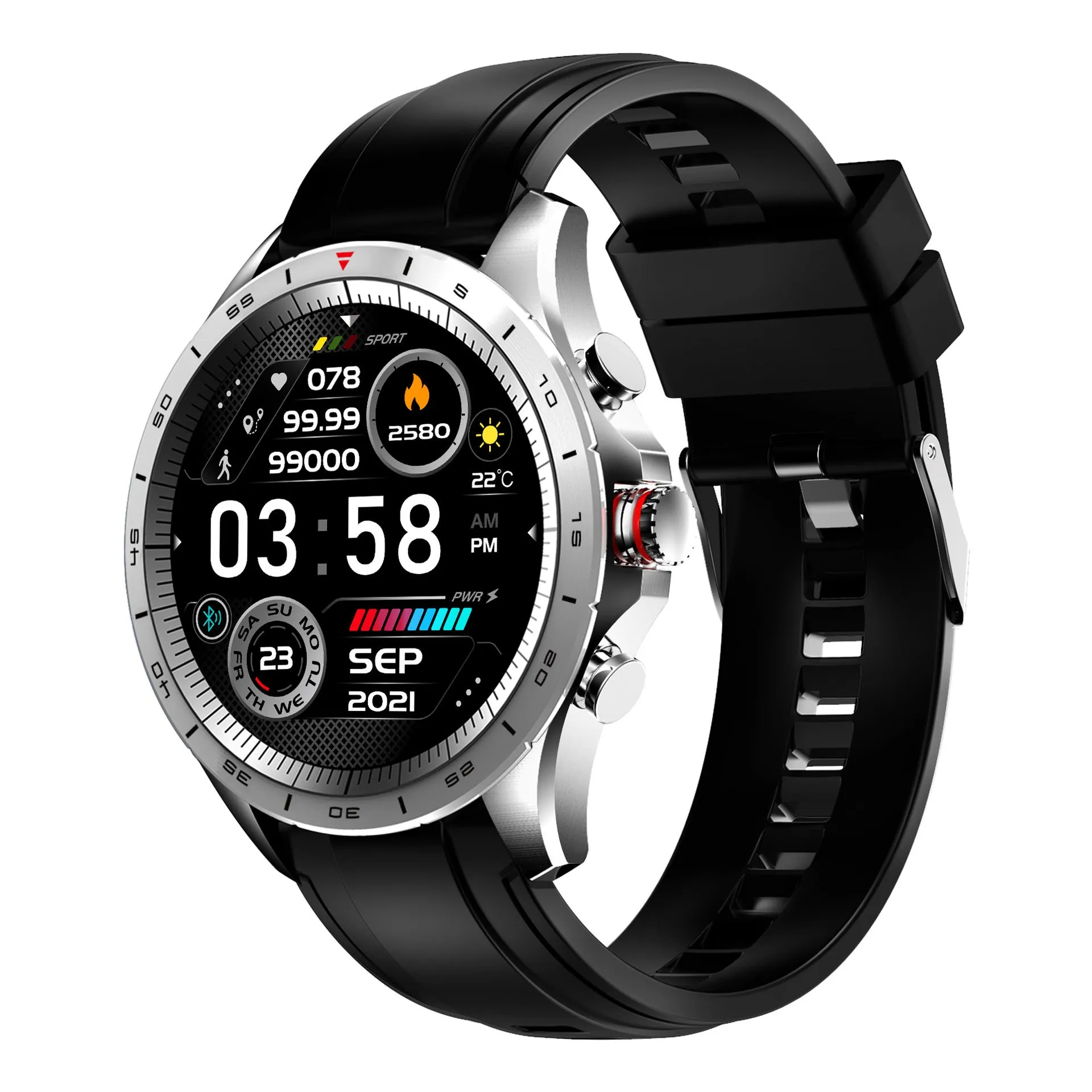 Men's smart bracelet watch with zinc alloy screen and silicone wristband in black, blue, or grey colours