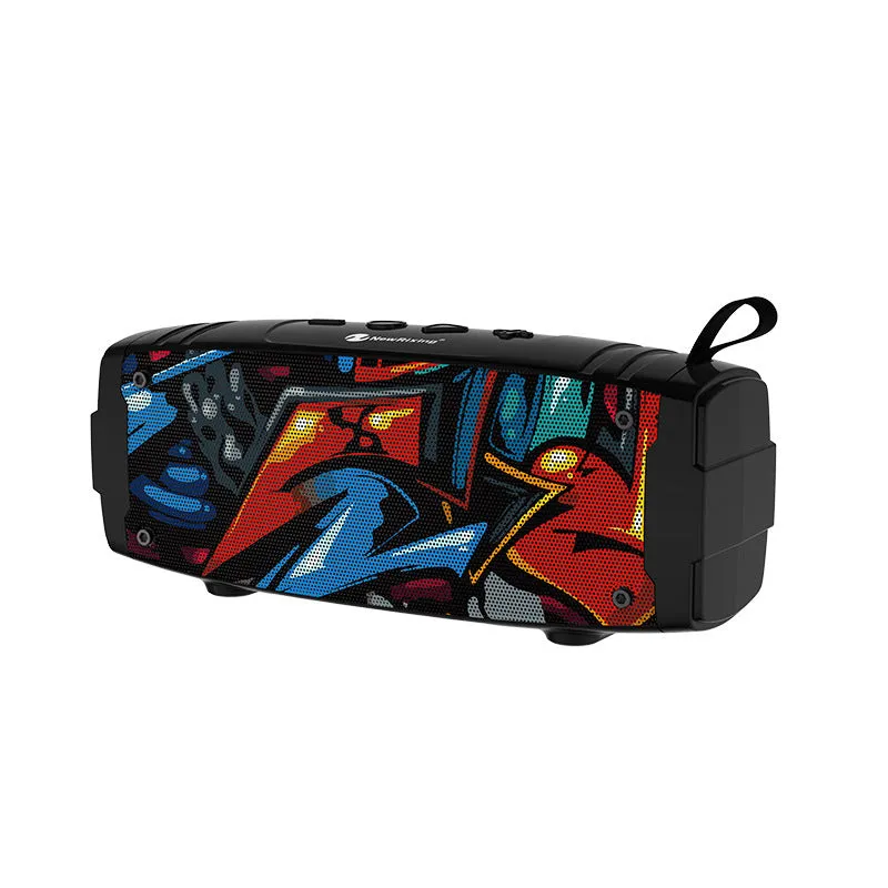 Portable Bluetooth speaker showing colour options: black, blue, camouflage, graffiti, hip hop, and red