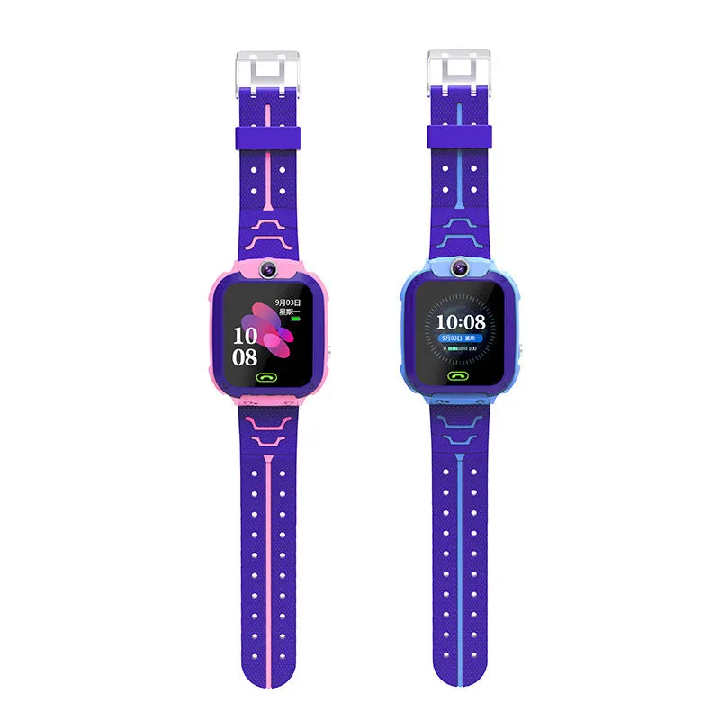 Blue children's waterproof smartwatch with a colour touch screen and silicone strap on a wrist.