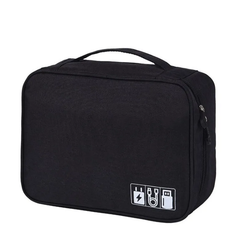 Cationic polyester digital accessories storage bag in one of six colours, shown with cables inside.