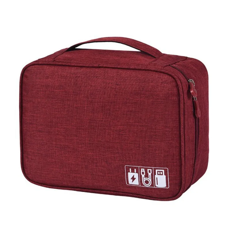 Cationic polyester digital accessories storage bag in one of six colours, shown with cables inside.