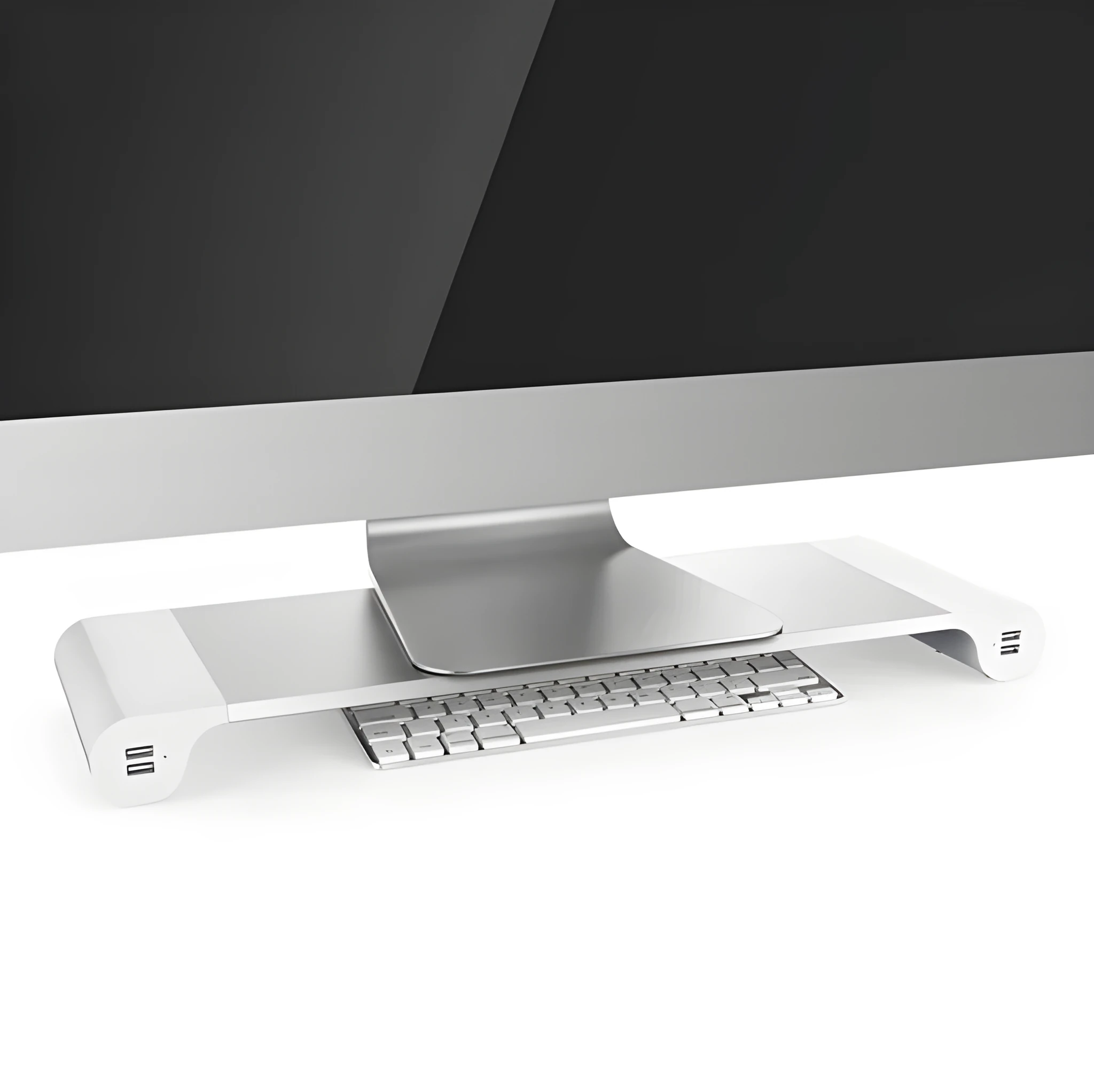 Aluminium computer monitor stand with 4 USB charging ports and keyboard storage space underneath