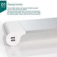 Aluminium computer monitor stand with 4 USB charging ports and keyboard storage space underneath
