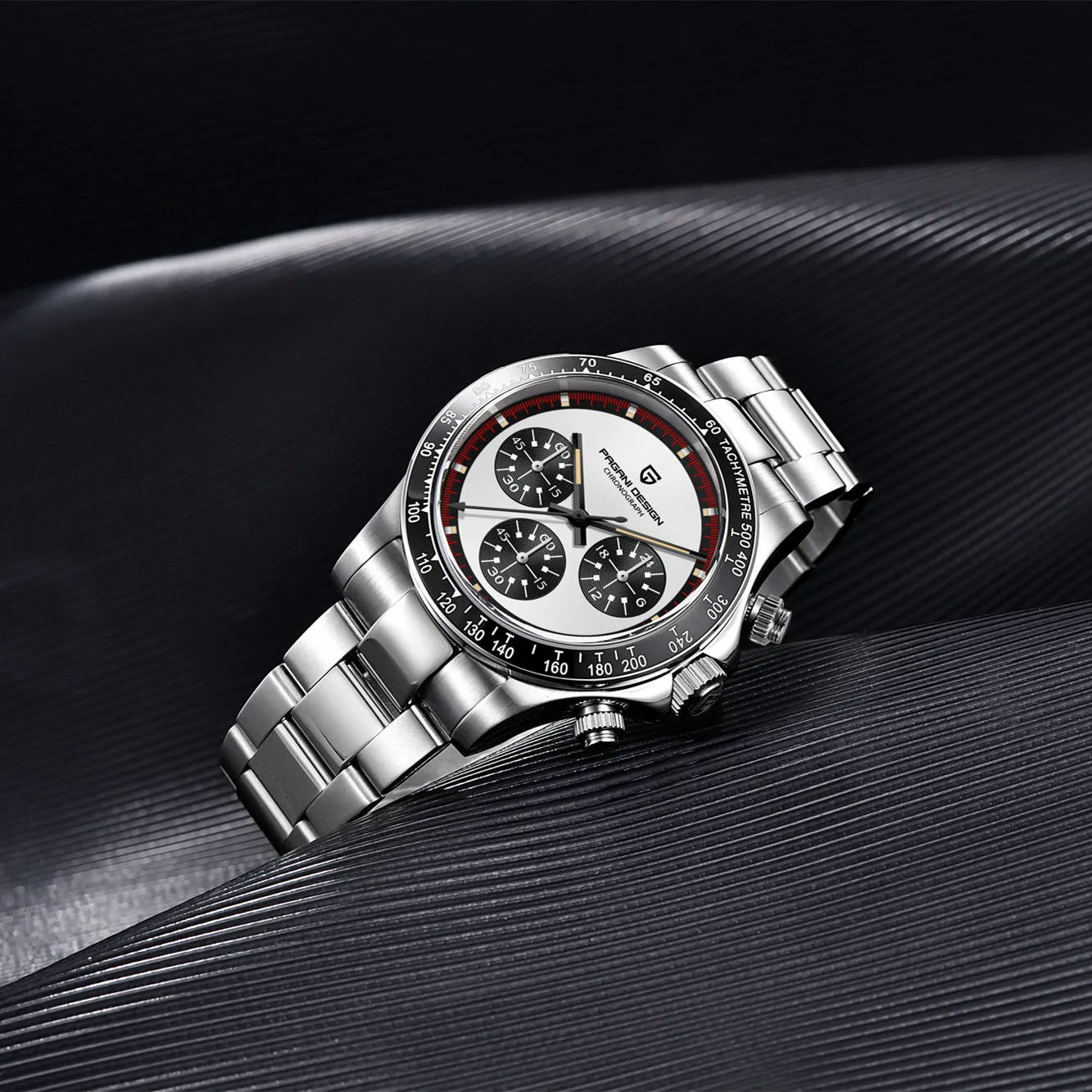 Berjani men's chronograph watch with black dial and stainless steel bracelet showing chronograph subdials