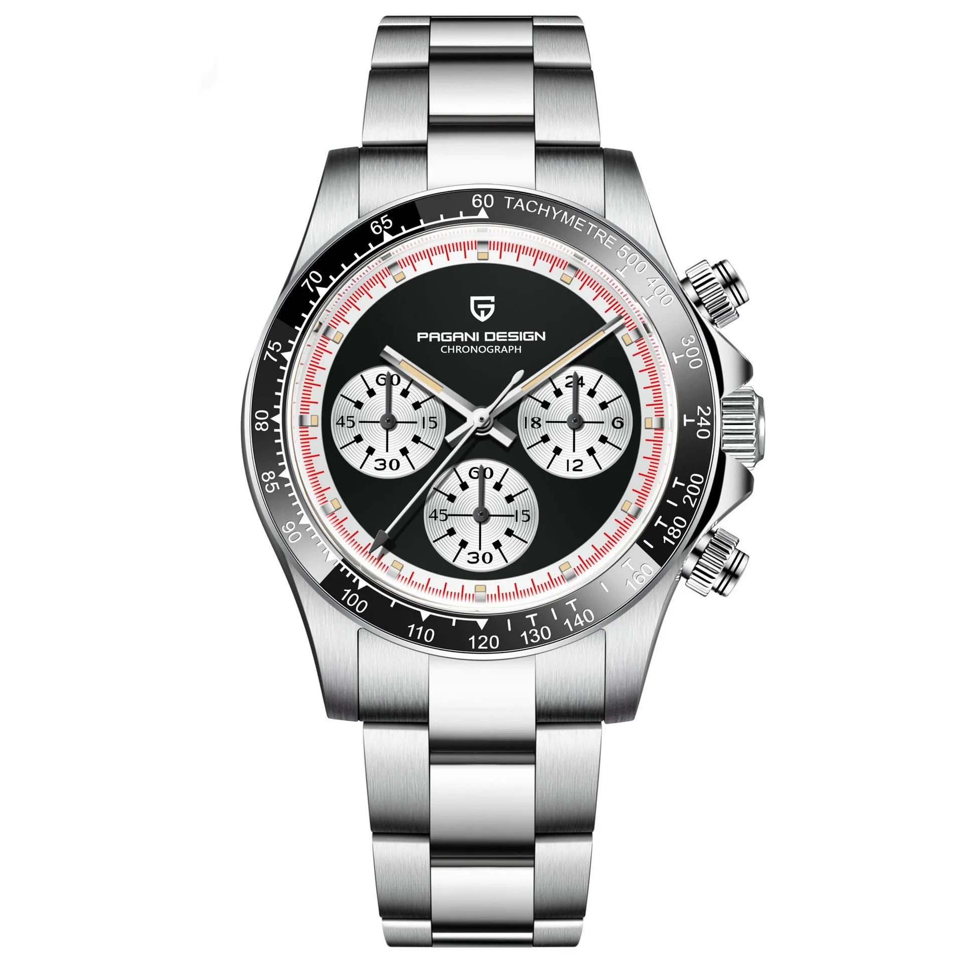 Berjani men's chronograph watch with black dial and stainless steel bracelet showing chronograph subdials