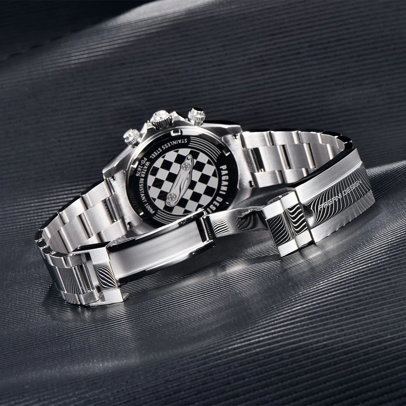 Berjani men's chronograph watch with black dial and stainless steel bracelet showing chronograph subdials