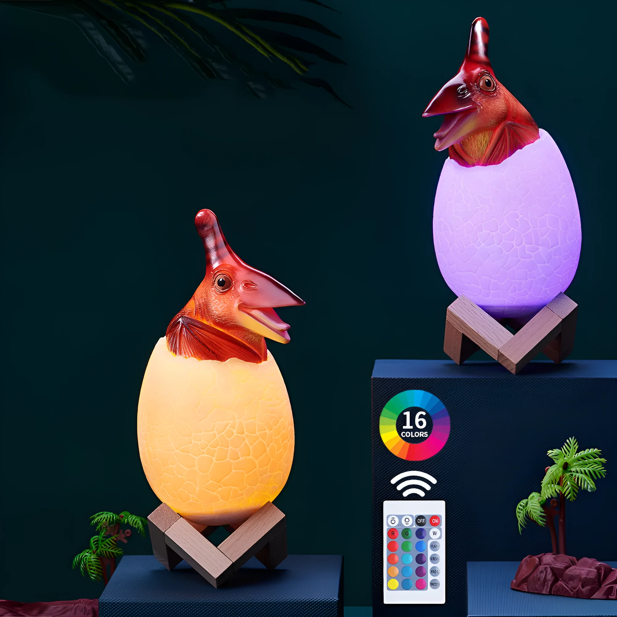 Cool white PVC dinosaur night light with touch sensor and remote control for colour changes