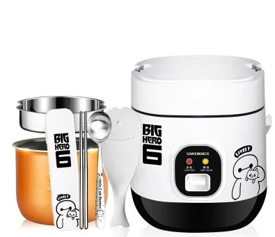 Small round blue and black miniature automatic rice cooker with steam pan on a kitchen counter.