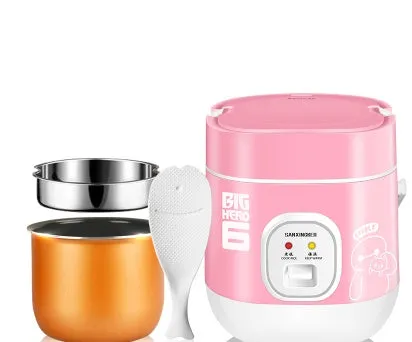 Small round blue and black miniature automatic rice cooker with steam pan on a kitchen counter.