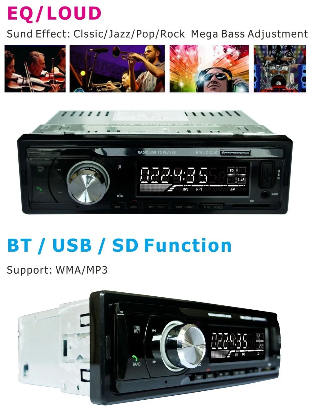 Car stereo with Bluetooth, USB port, SD card slot, auxiliary input, and display screen