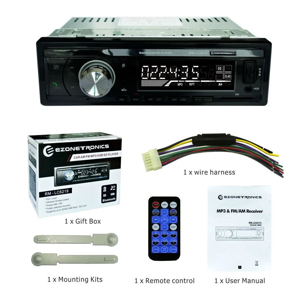 Car stereo with Bluetooth, USB port, SD card slot, auxiliary input, and display screen