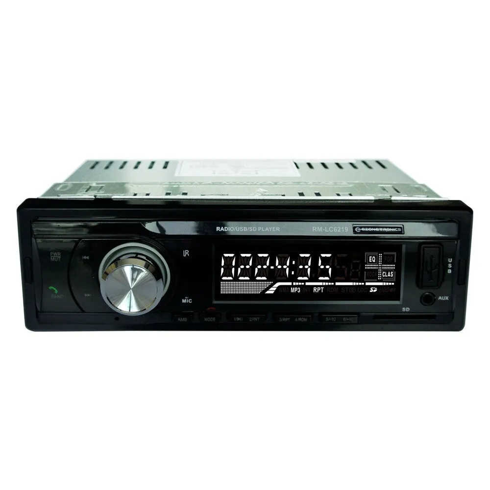 Car stereo with Bluetooth, USB port, SD card slot, auxiliary input, and display screen