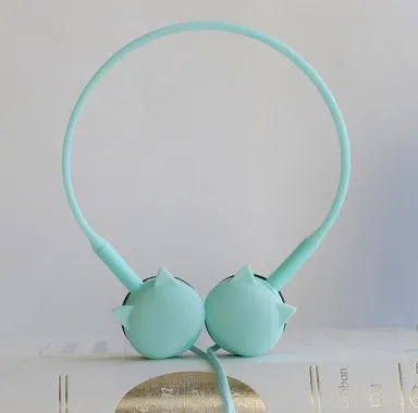 Wireless cat-themed earphones with silicone ear tips in blue colour on a white background