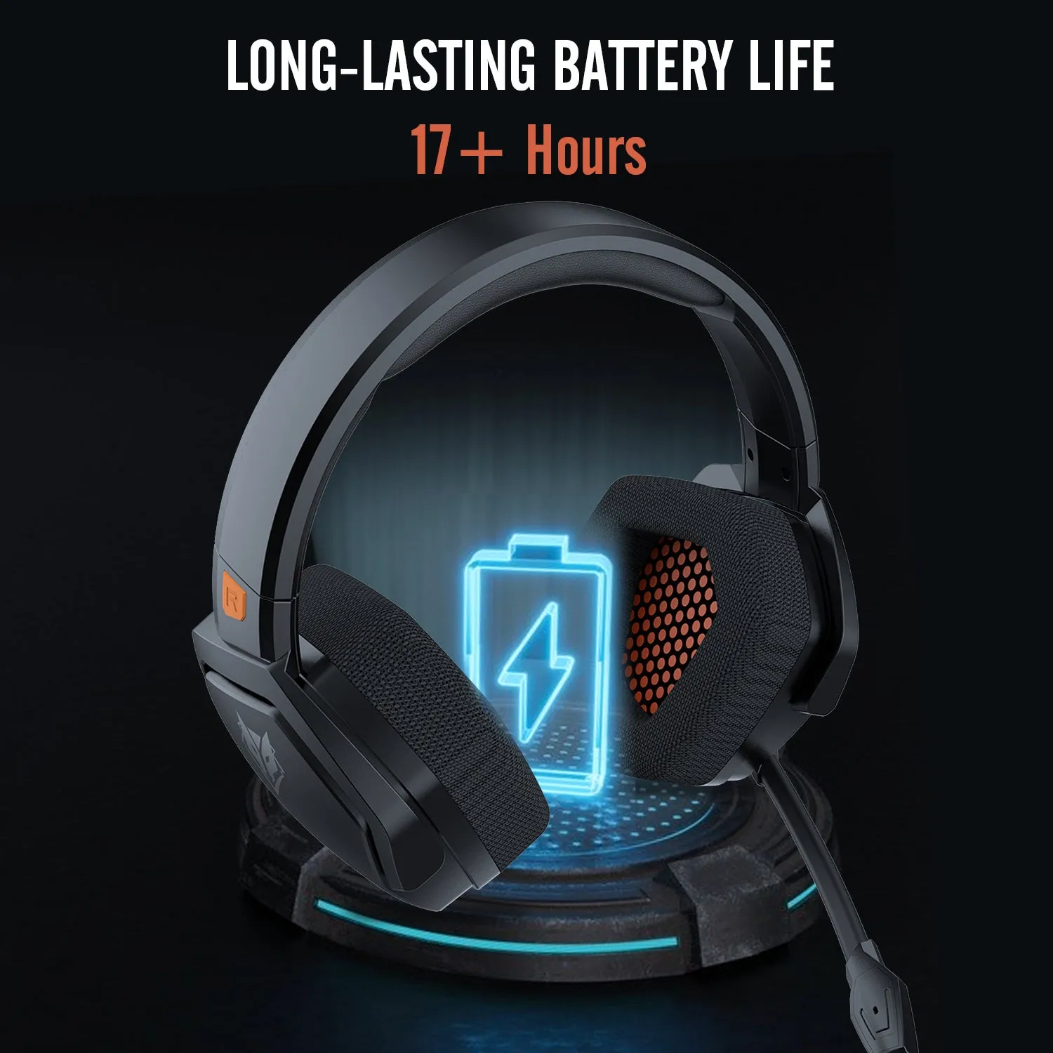 Black and orange wireless gaming headset with dual Bluetooth and 2.4G connectivity showing ear cushions and microphone.