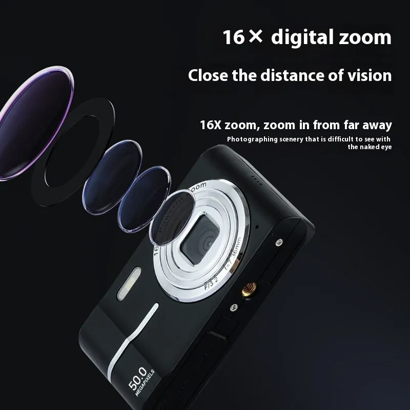 Compact 4K HD digital camera in black, green, pink, or white colours with lanyard