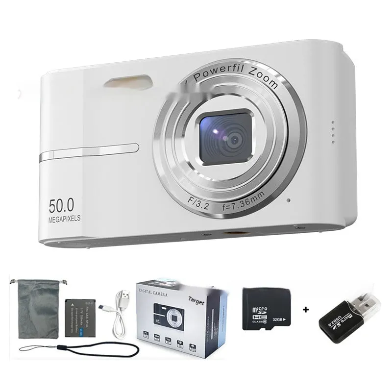 Compact 4K HD digital camera in black, green, pink, or white colours with lanyard