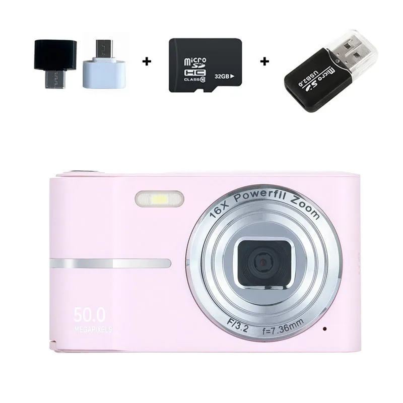 Compact 4K HD digital camera in black, green, pink, or white colours with lanyard