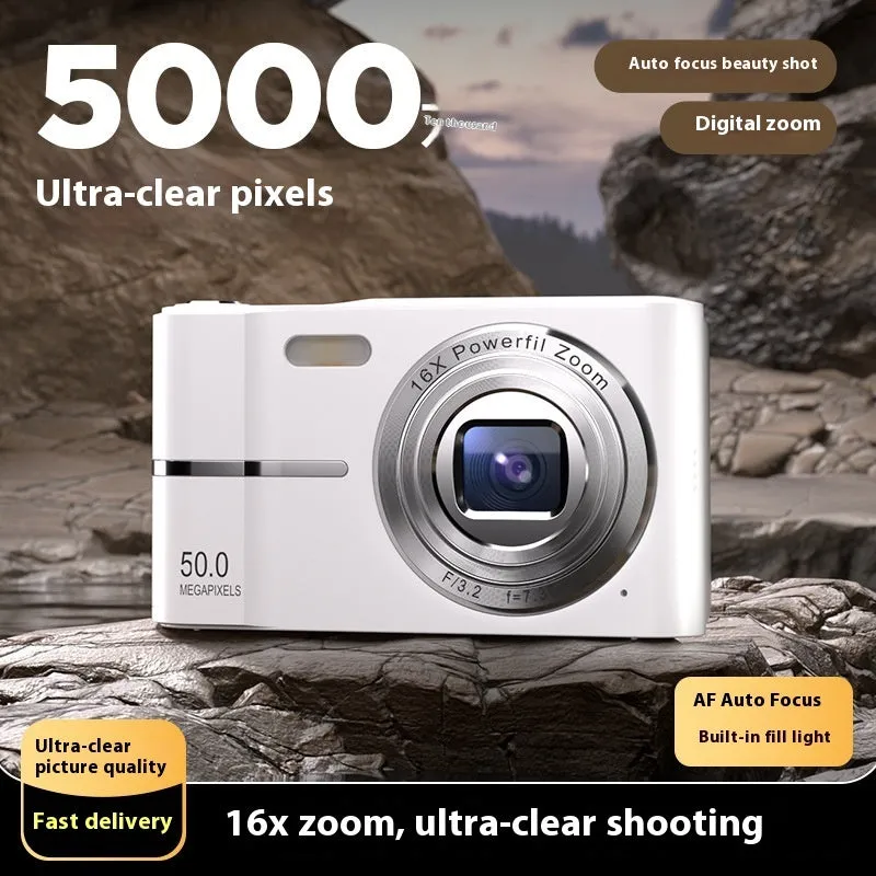 Compact 4K HD digital camera in black, green, pink, or white colours with lanyard