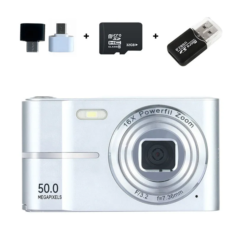 Compact 4K HD digital camera in black, green, pink, or white colours with lanyard