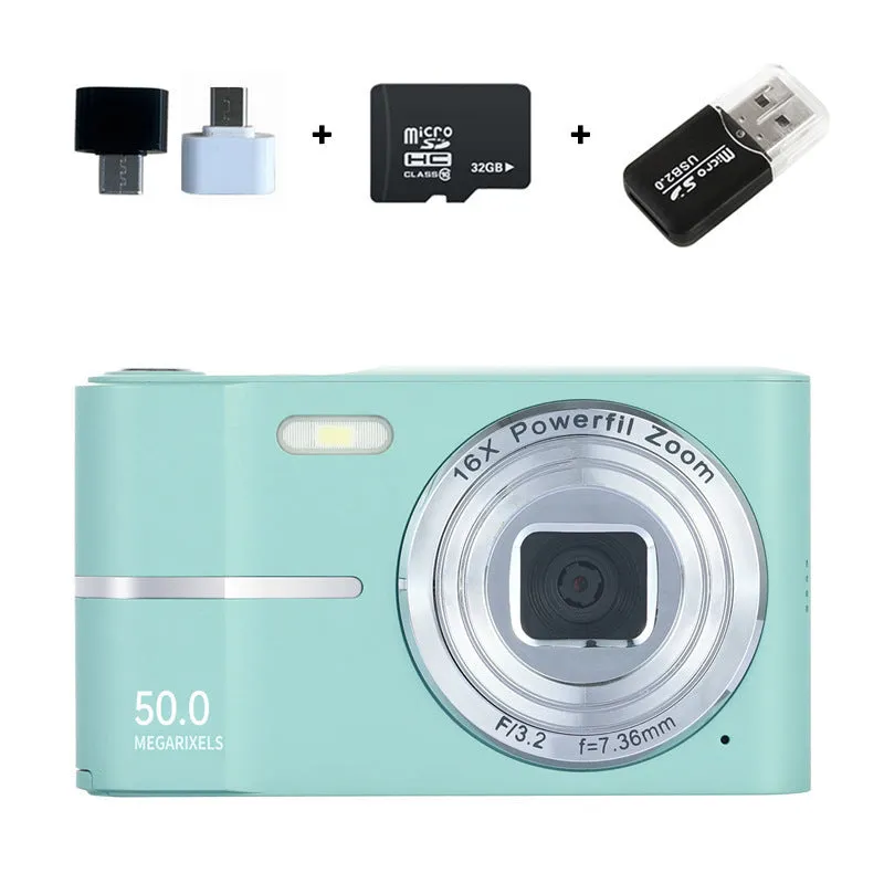 Compact 4K HD digital camera in black, green, pink, or white colours with lanyard