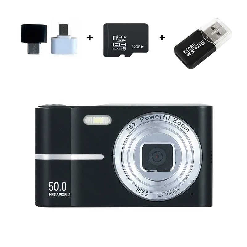 Compact 4K HD digital camera in black, green, pink, or white colours with lanyard