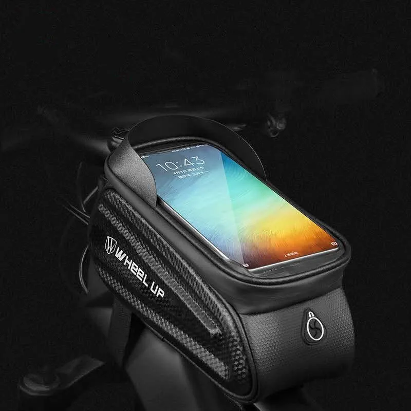 Black grey EVA bicycle phone bag with touchscreen window and reflective straps mounted on mountain bike frame