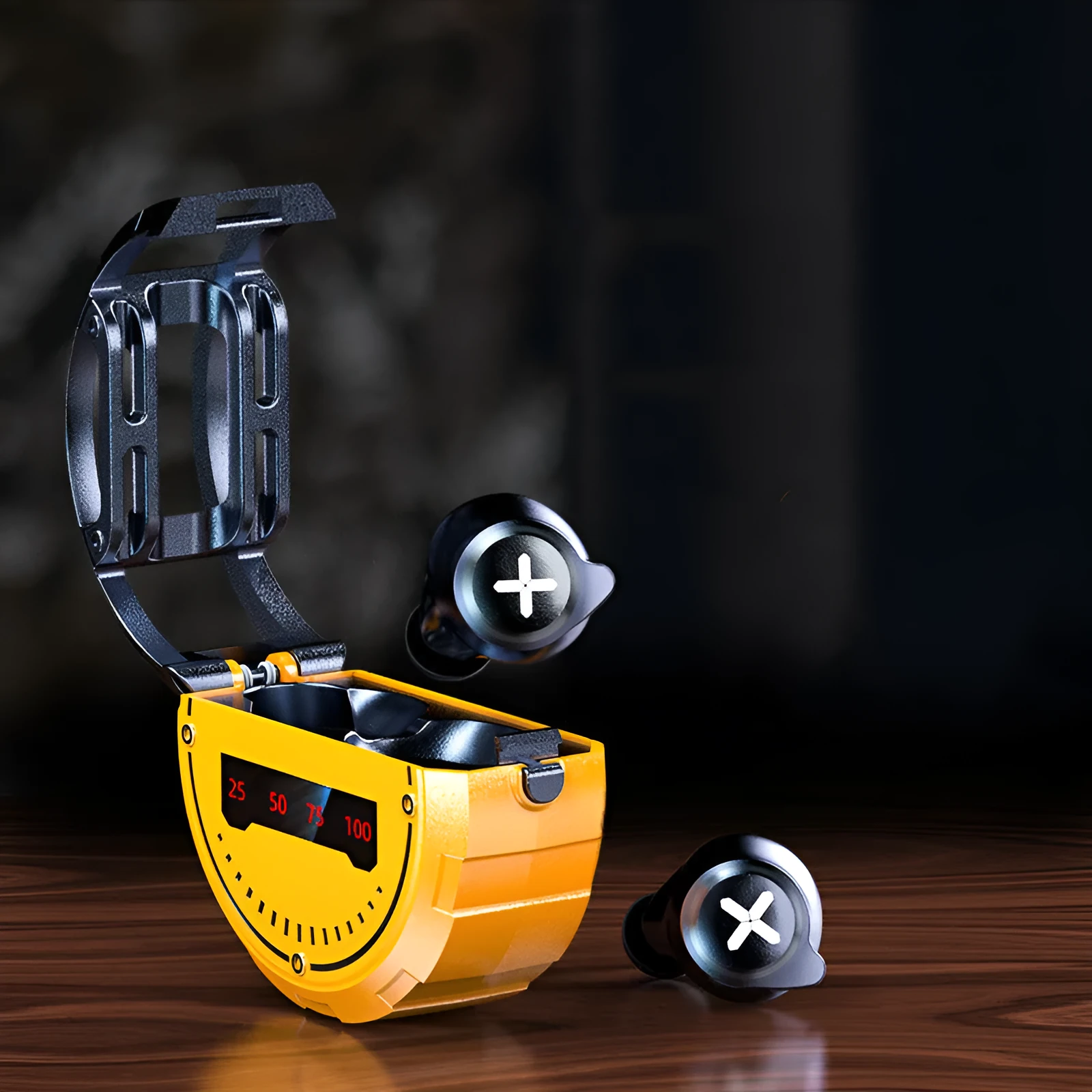 Wireless Bluetooth in-ear earphones in a charging case, available in red, silver, or yellow colours.