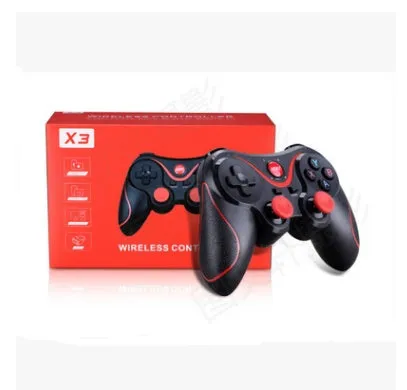 Upgraded X3 Bluetooth wireless game controller for Android phones in black or white, shown with a mobile phone clip accessory.