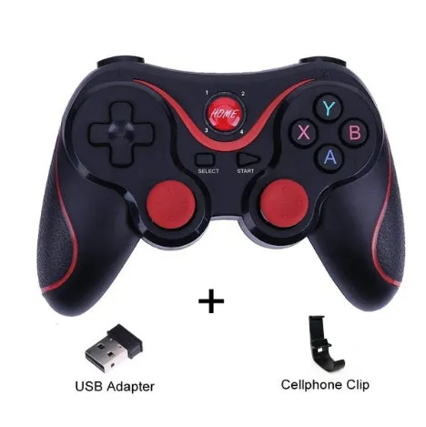 Upgraded X3 Bluetooth wireless game controller for Android phones in black or white, shown with a mobile phone clip accessory.