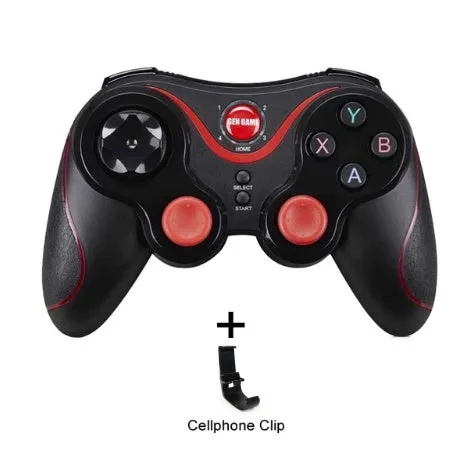 Upgraded X3 Bluetooth wireless game controller for Android phones in black or white, shown with a mobile phone clip accessory.