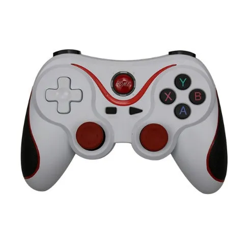 Upgraded X3 Bluetooth wireless game controller for Android phones in black or white, shown with a mobile phone clip accessory.