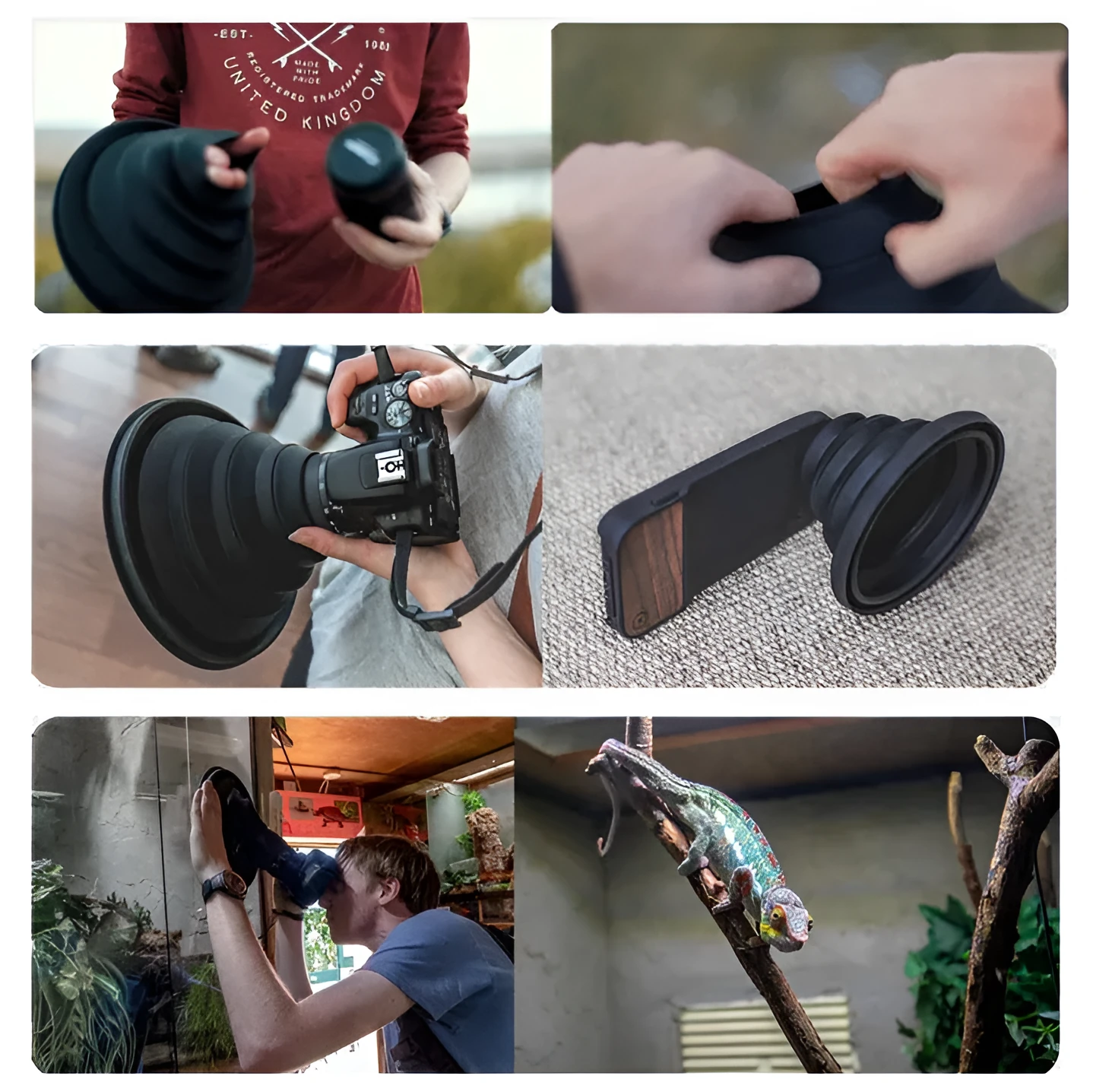 Black conical silicone camera lens hood for reducing glare on glass, shown in large and small sizes.