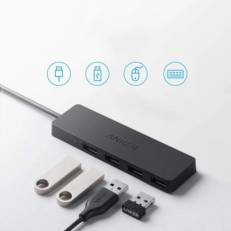 Black Anker USB hub with four USB 3.0 ports and 200 mm cable for laptop connectivity