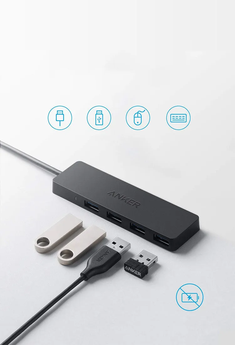 Black Anker USB hub with four USB 3.0 ports and 200 mm cable for laptop connectivity