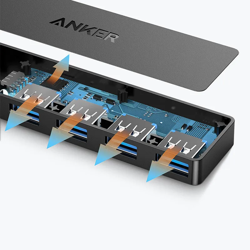 Black Anker USB hub with four USB 3.0 ports and 200 mm cable for laptop connectivity