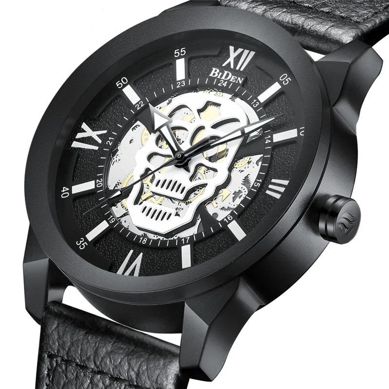 Biden men's hollow quartz watch with brown strap showing calendar function and 4.3cm case