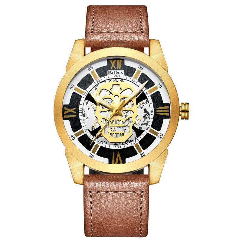 Biden men's hollow quartz watch with brown strap showing calendar function and 4.3cm case