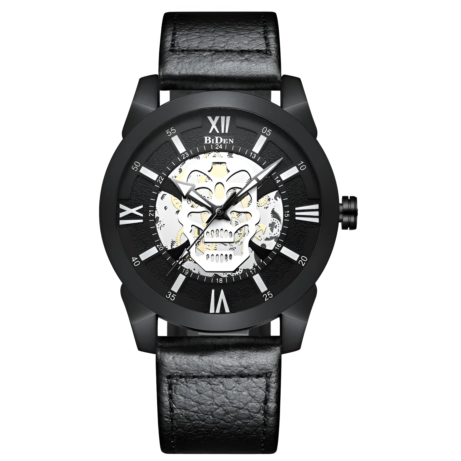 Biden men's hollow quartz watch with brown strap showing calendar function and 4.3cm case